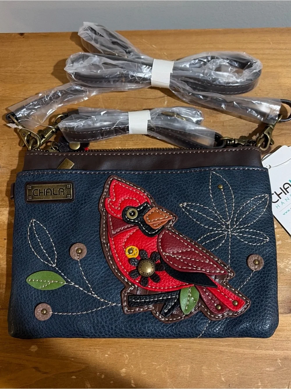 Chala Blue and Red Crossbody Bag with Cardinal Embroidery NWT